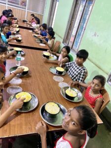 Promise kept! It was biryani for lunch for the kids at Bikramgarh on Sunday
